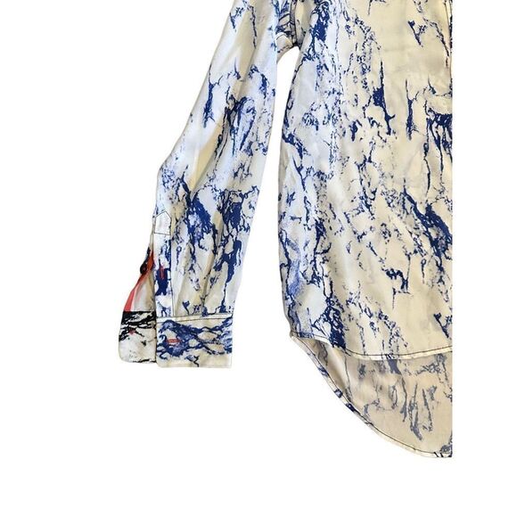 Lemlem Hana Blue white marbled pattern 100% Silk blouse sz small - Picture 8 of 9